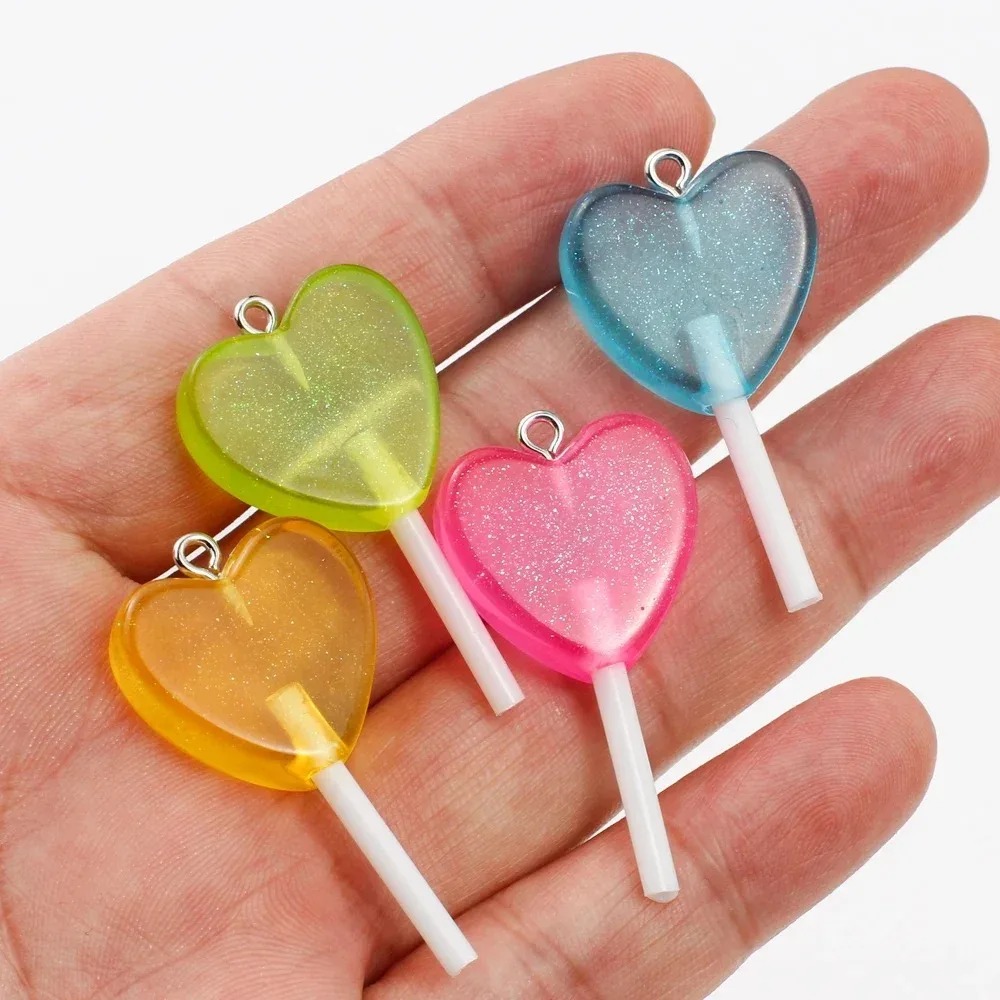 10Pcs Kawaii 반짝 이는 하트 롤리팝 수지 참 - Resin Craft Projects 리뷰 및 가격